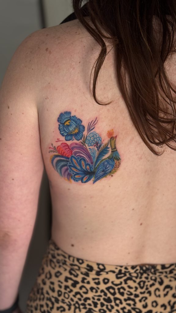 Folk art floral peacock tattoo
